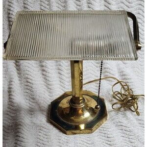 VINTAGE Dynasty Classics BRASS Bankers Desk LAMP w/Ripple Glass Shade GuC